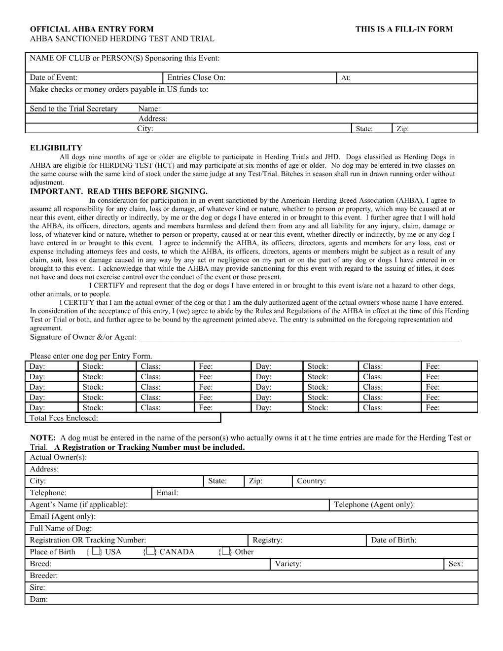 Official Ahba Entry Formthis Is a Fill-In Form