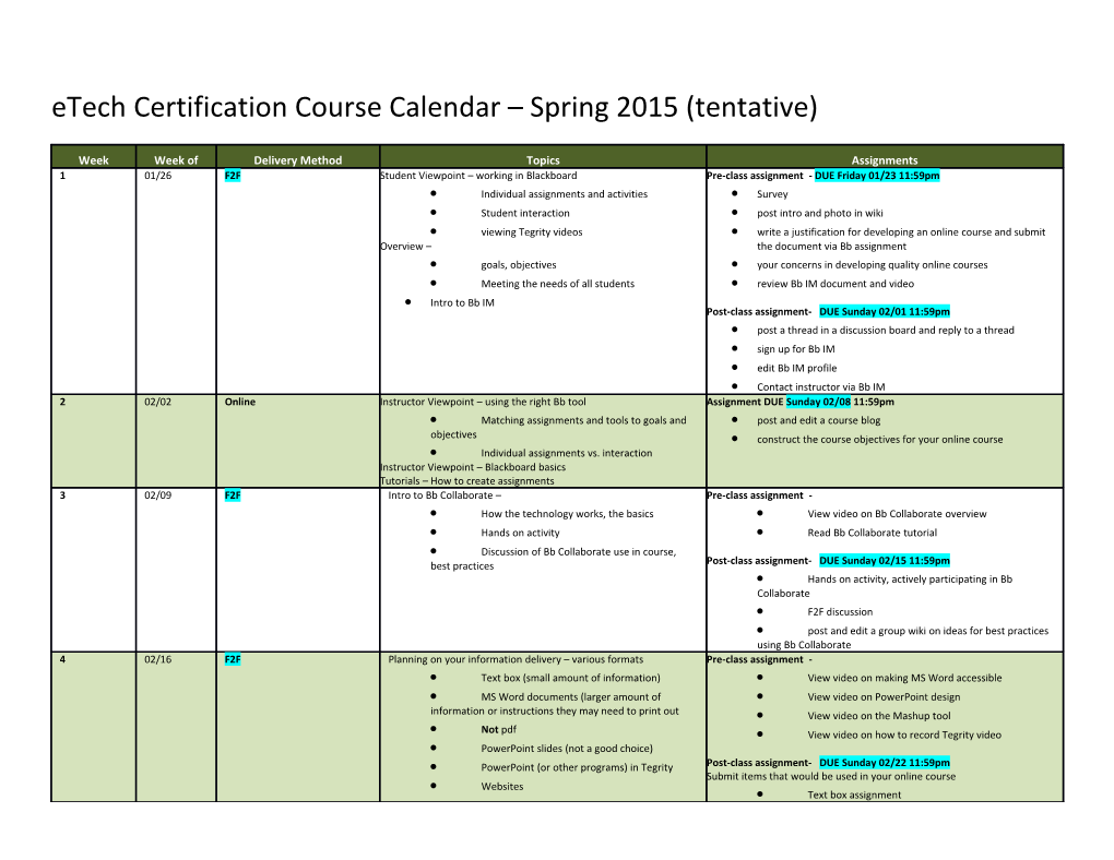 Etech Certification Course Calendar Spring 2015 (Tentative)