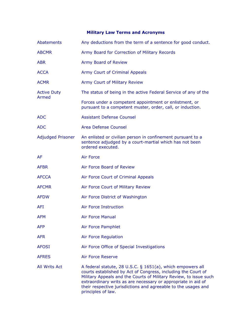 Military Law Terms and Acronyms