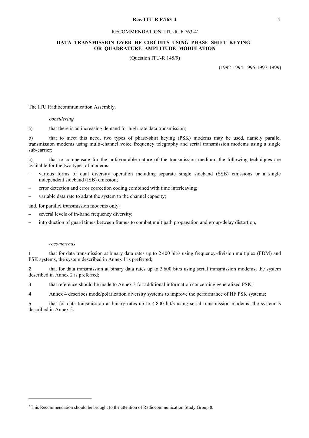 F.763-4 - Data Transmission Over Hf Circuits Using Phase Shift Keying Or Quadrature Amplitude