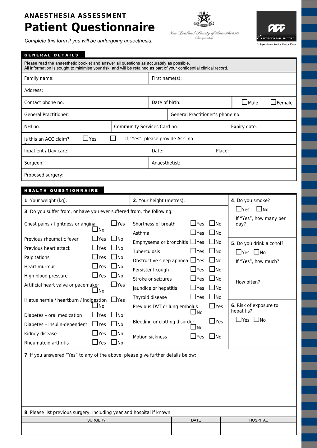 Complete This Form If You Will Be Undergoing Anaesthesia