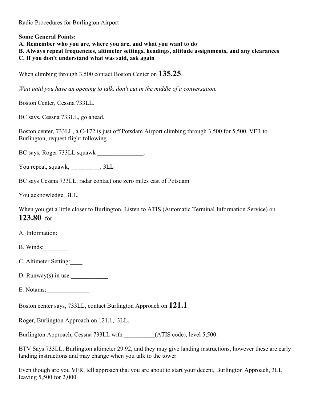 Radio Procedures for Burlington Airport