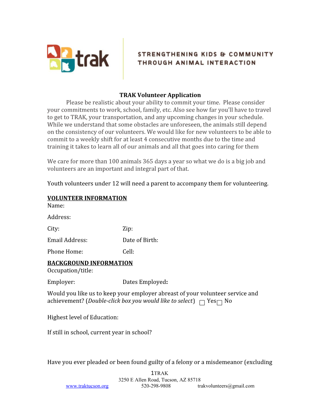 TRAK Volunteer Application