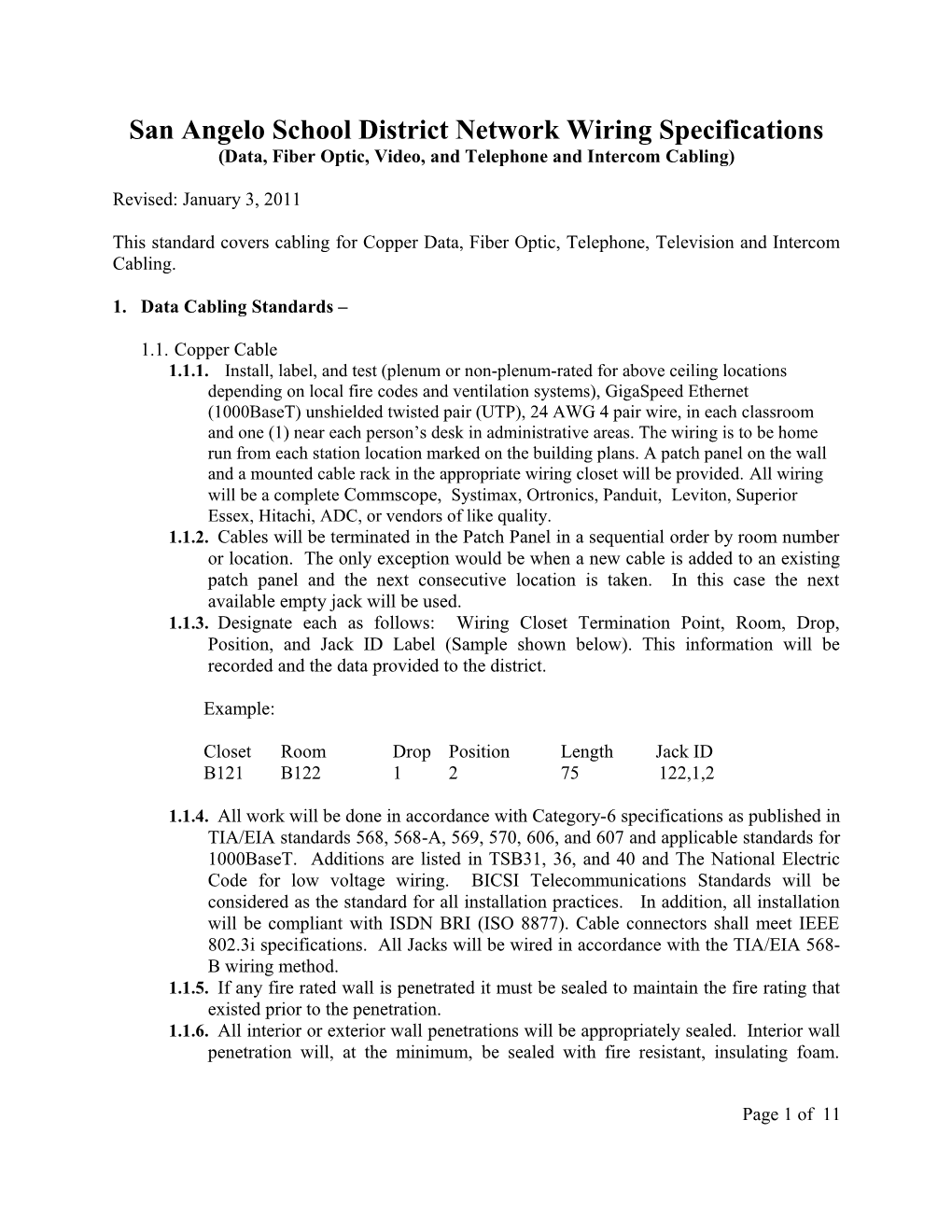 San Angelo School District Network Wiring Specifications