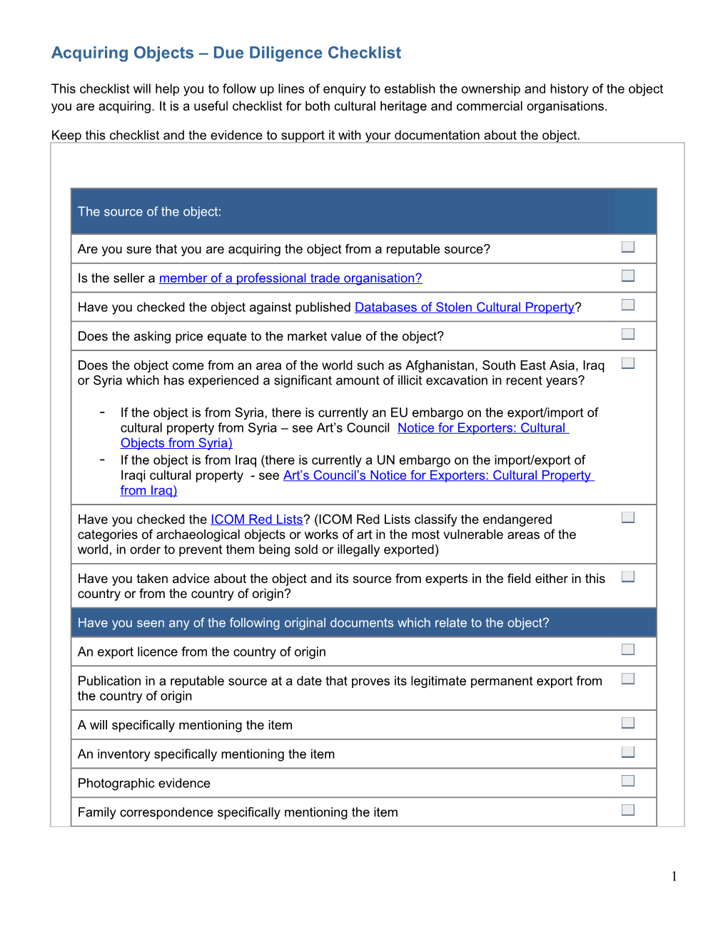 Acquiring Objects Due Diligence Checklist