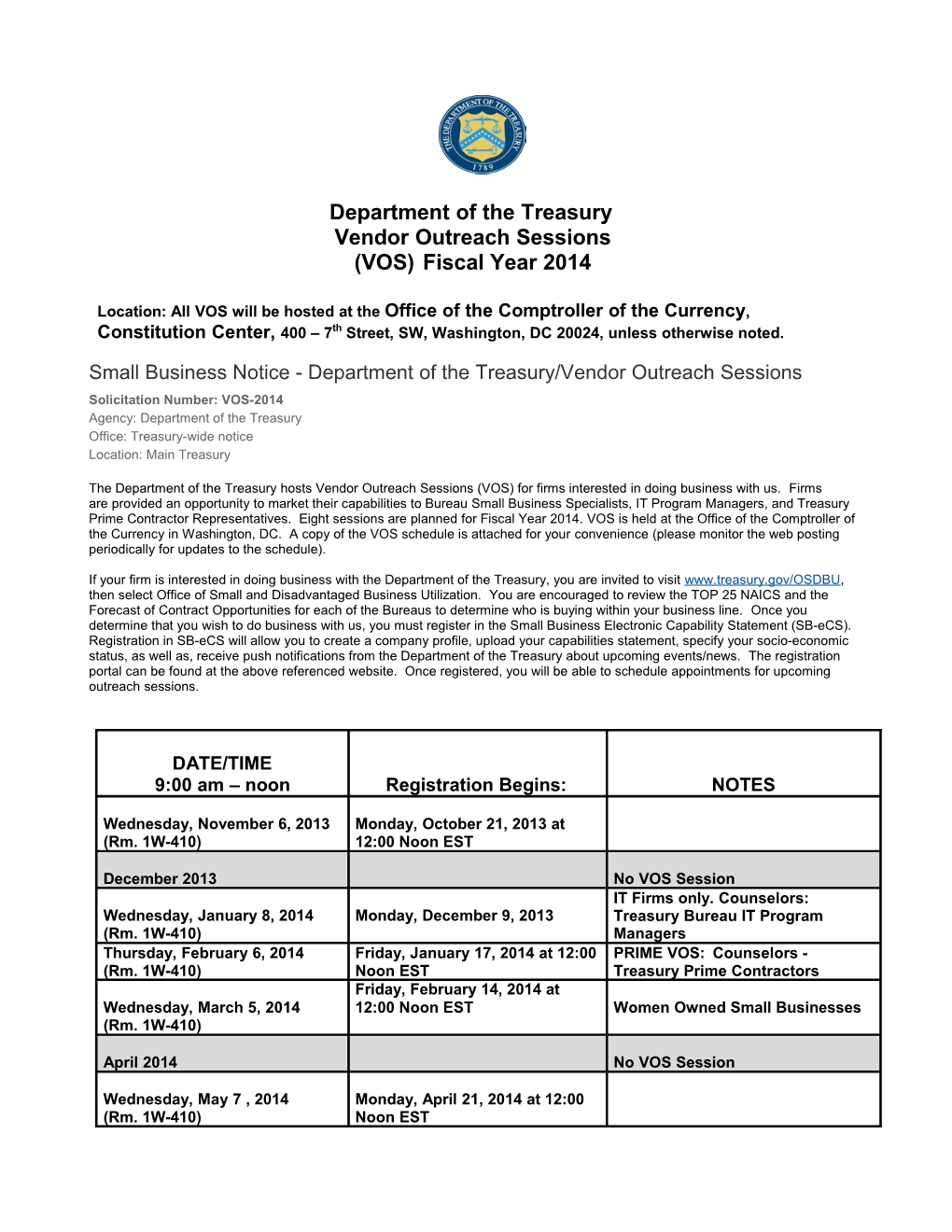 Treasury Vendor Outreach Sessions