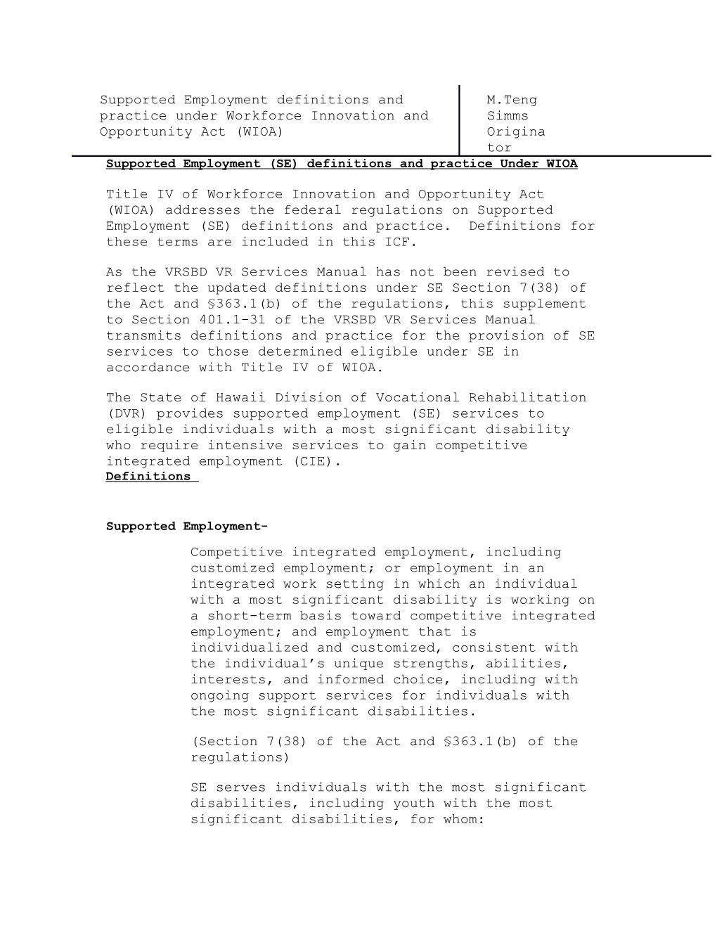 Supported Employment (SE) Definitions and Practiceunder WIOA