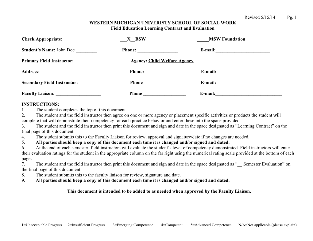 Field Education Learning Contract and Evaluation