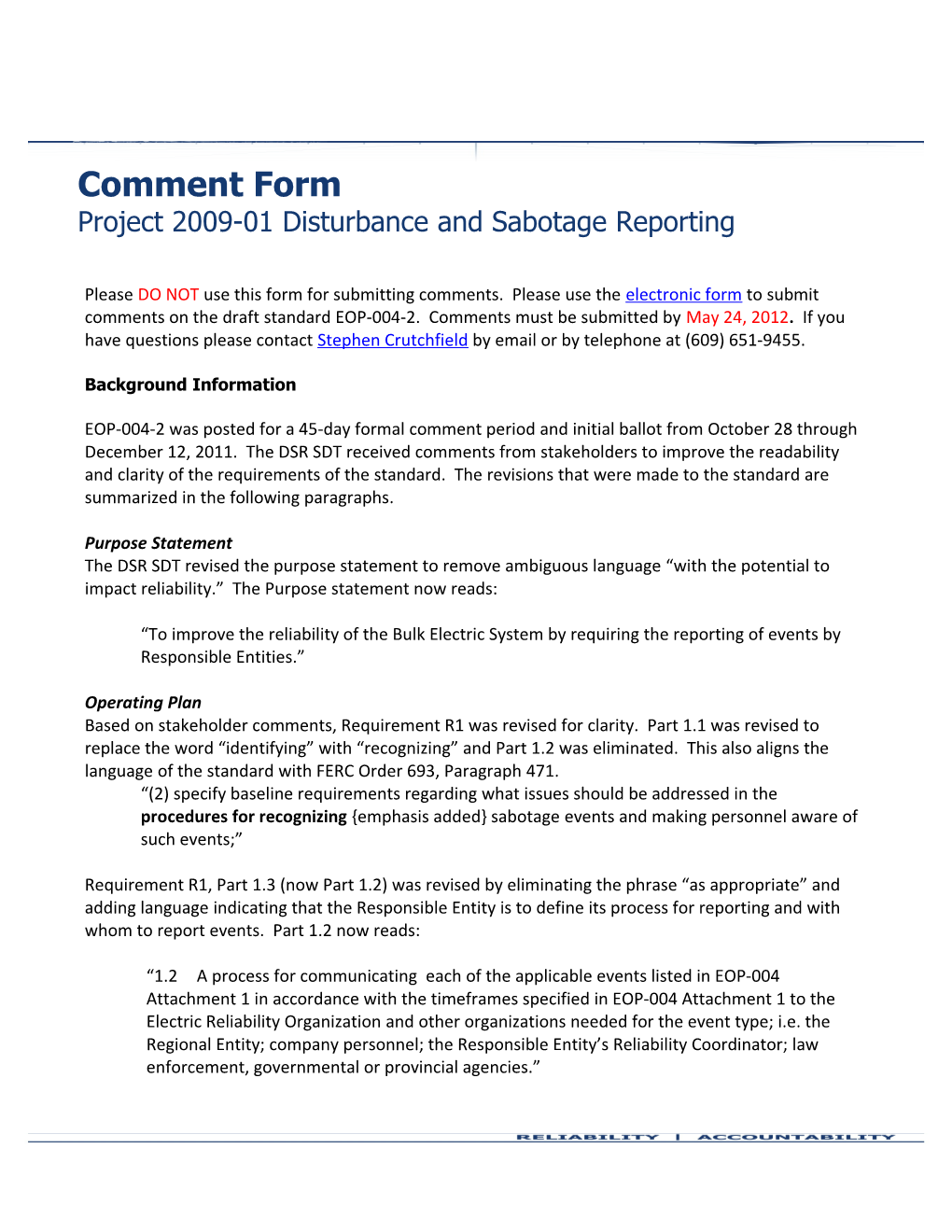 Project 2009-01Disturbance and Sabotage Reporting