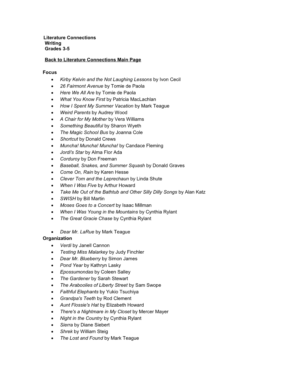 Literature Connections Writing Grades 3-5 Back to Literature Connections Main Page