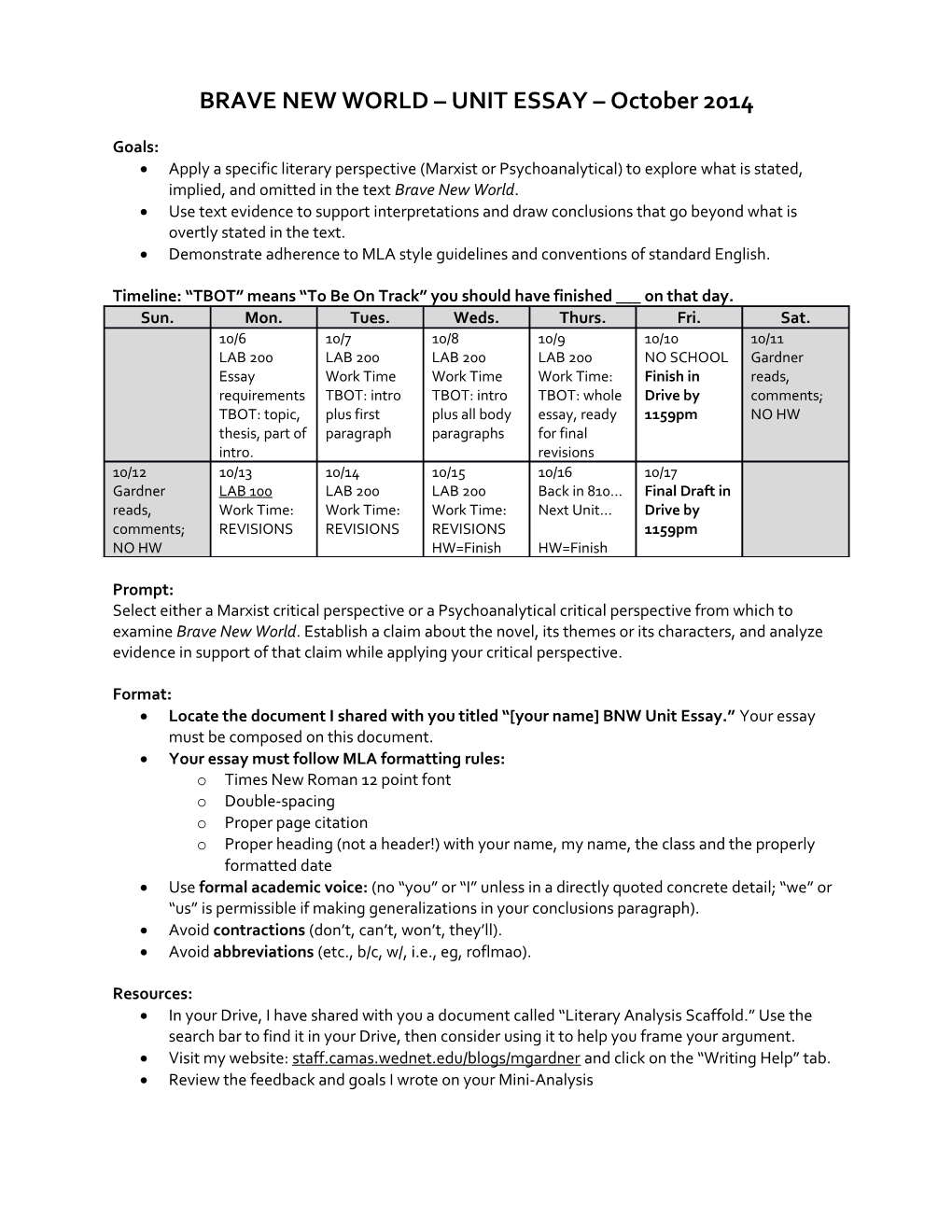 BRAVE NEW WORLD UNIT ESSAY October 2014