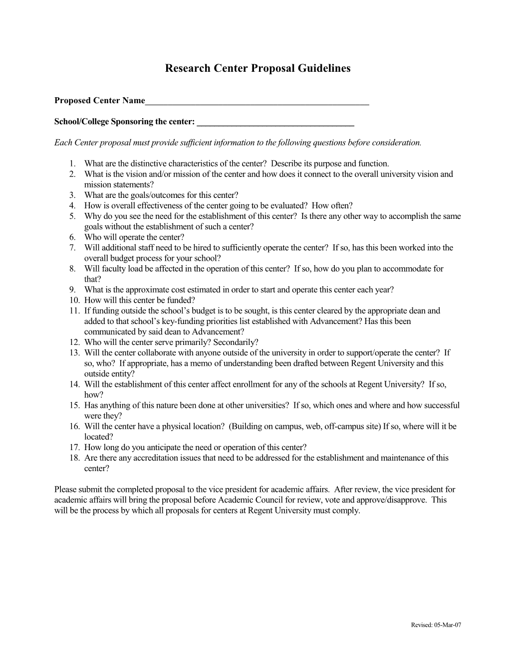 Research Center Proposal Guidelines