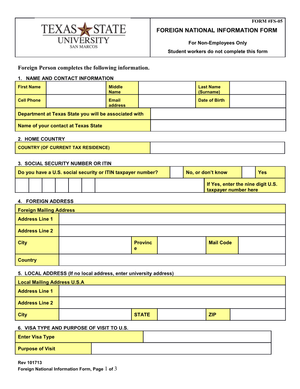 Foreign National Information Form (Page 1)