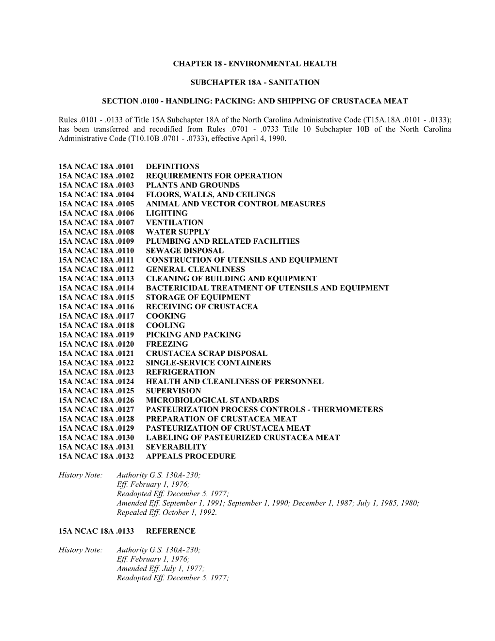 Section .0100 Handling: Packing: and Shipping of Crustacea Meat