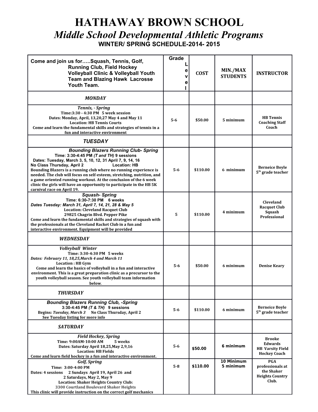 Middle School Developmental Athletic Programs