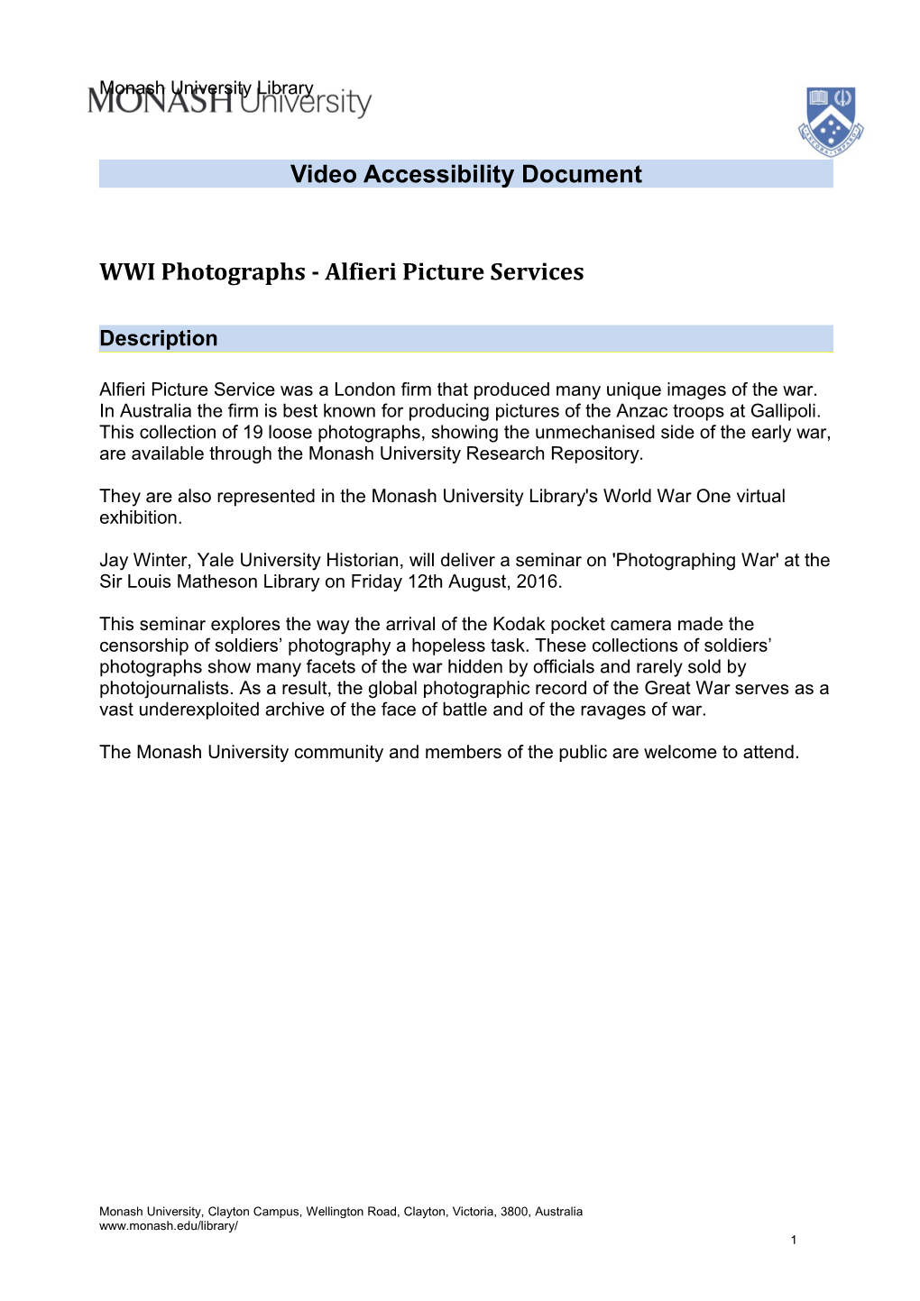 WWI Photographs - Alfieri Picture Services - Accessibility Document