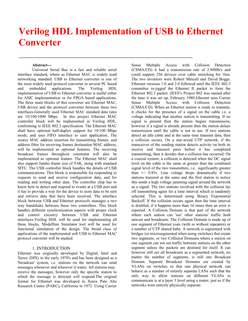 Verilog HDL Implementation of USB to Ethernet Converter