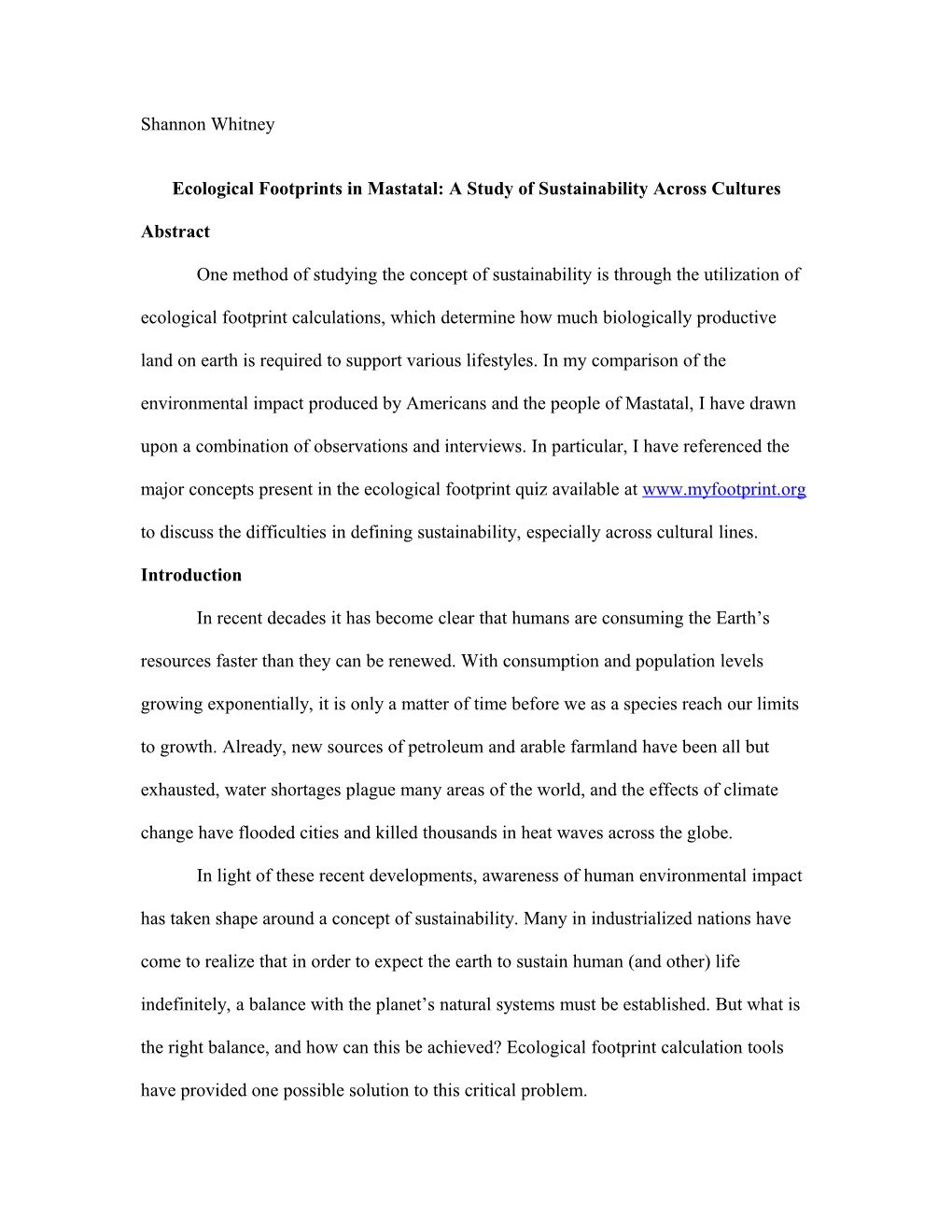 Ecological Footprints in Mastatal: a Study of Sustainability Across Cultures