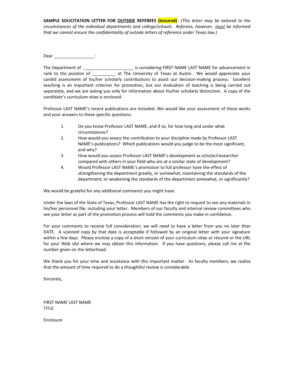Sample Solicitation Letter for Outside Referees