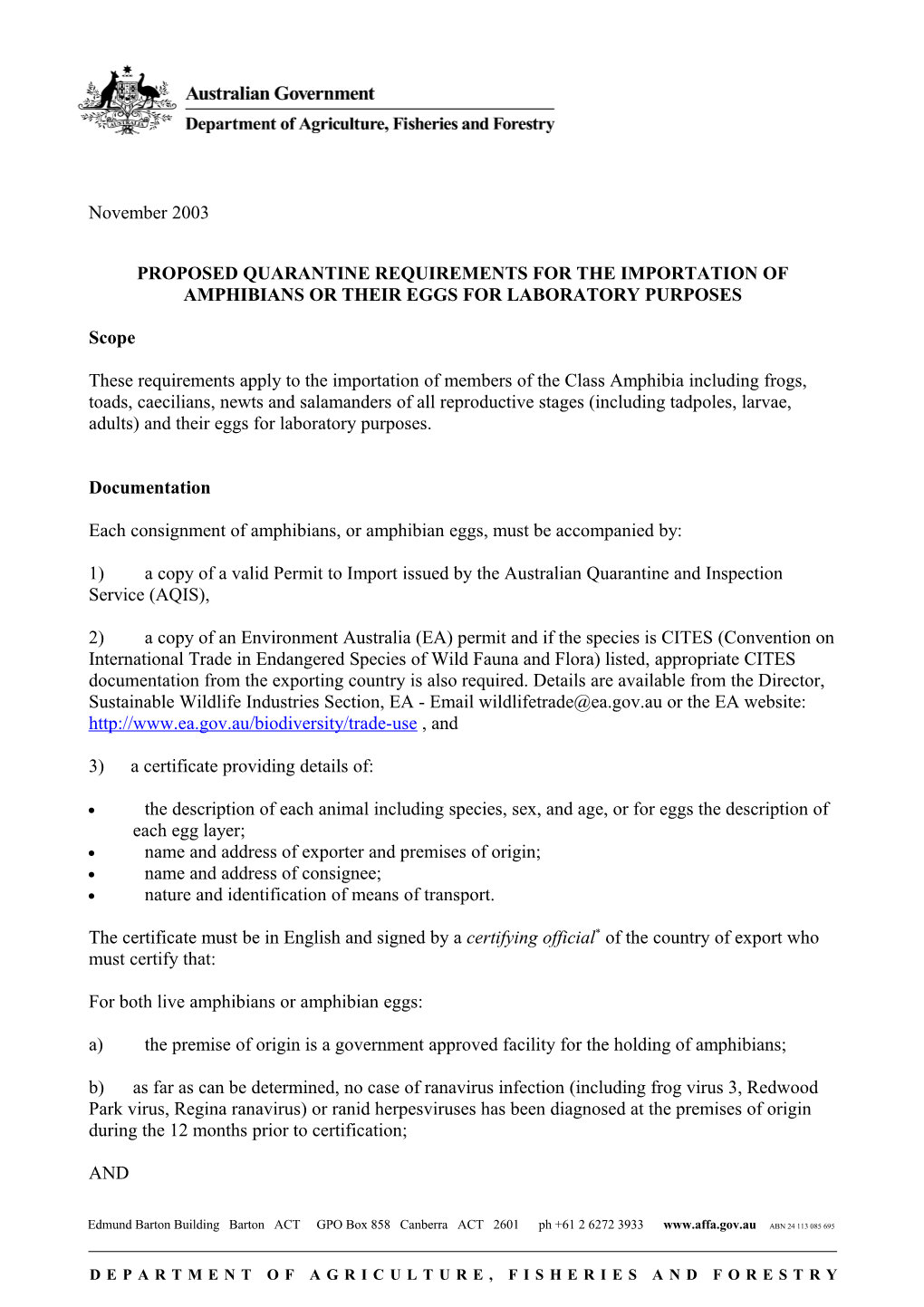 Proposed Quarantine Requirements for the Importation of Amphibians Or Their Eggs for Laboratory