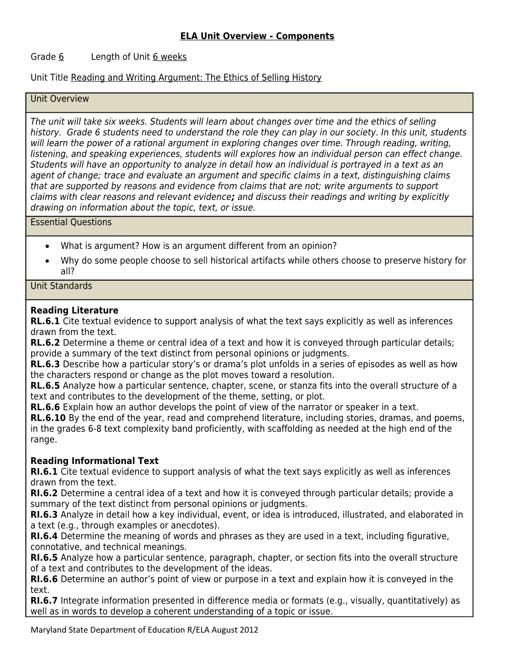 ELA Unit Overview - Components