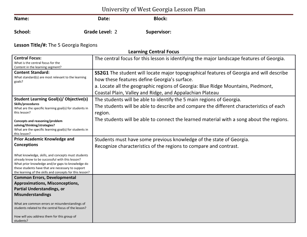 University of West Georgia Lesson Plan