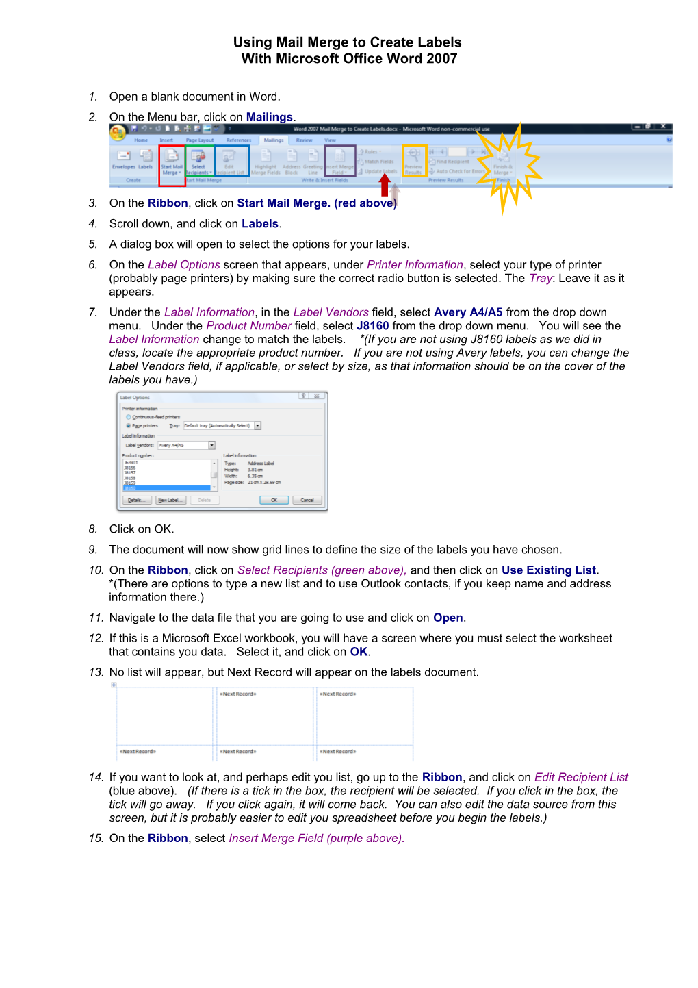 Using Mail Merge to Create Labels