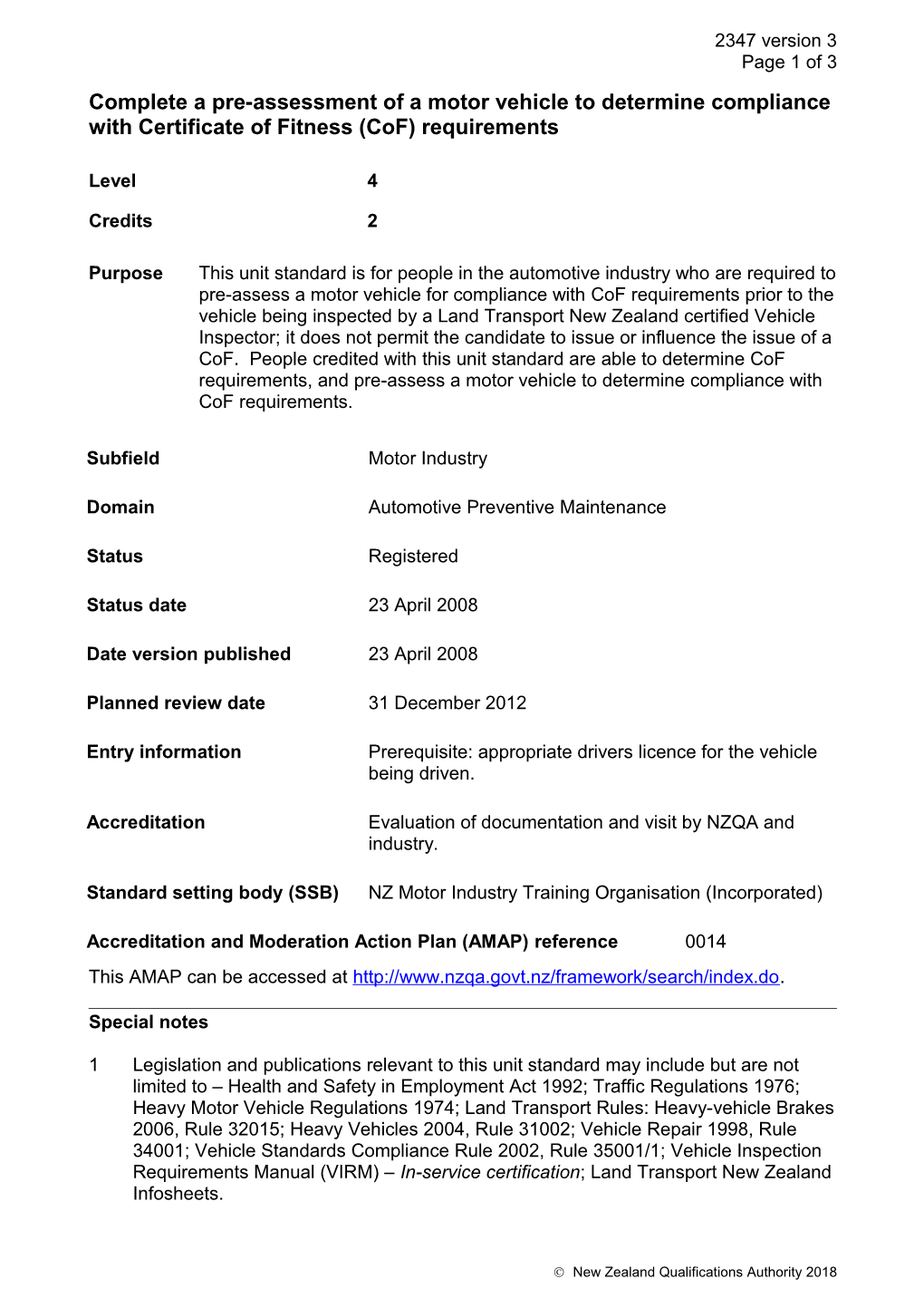 2347 Complete a Pre-Assessment of a Motor Vehicle to Determine Compliance with Certificate