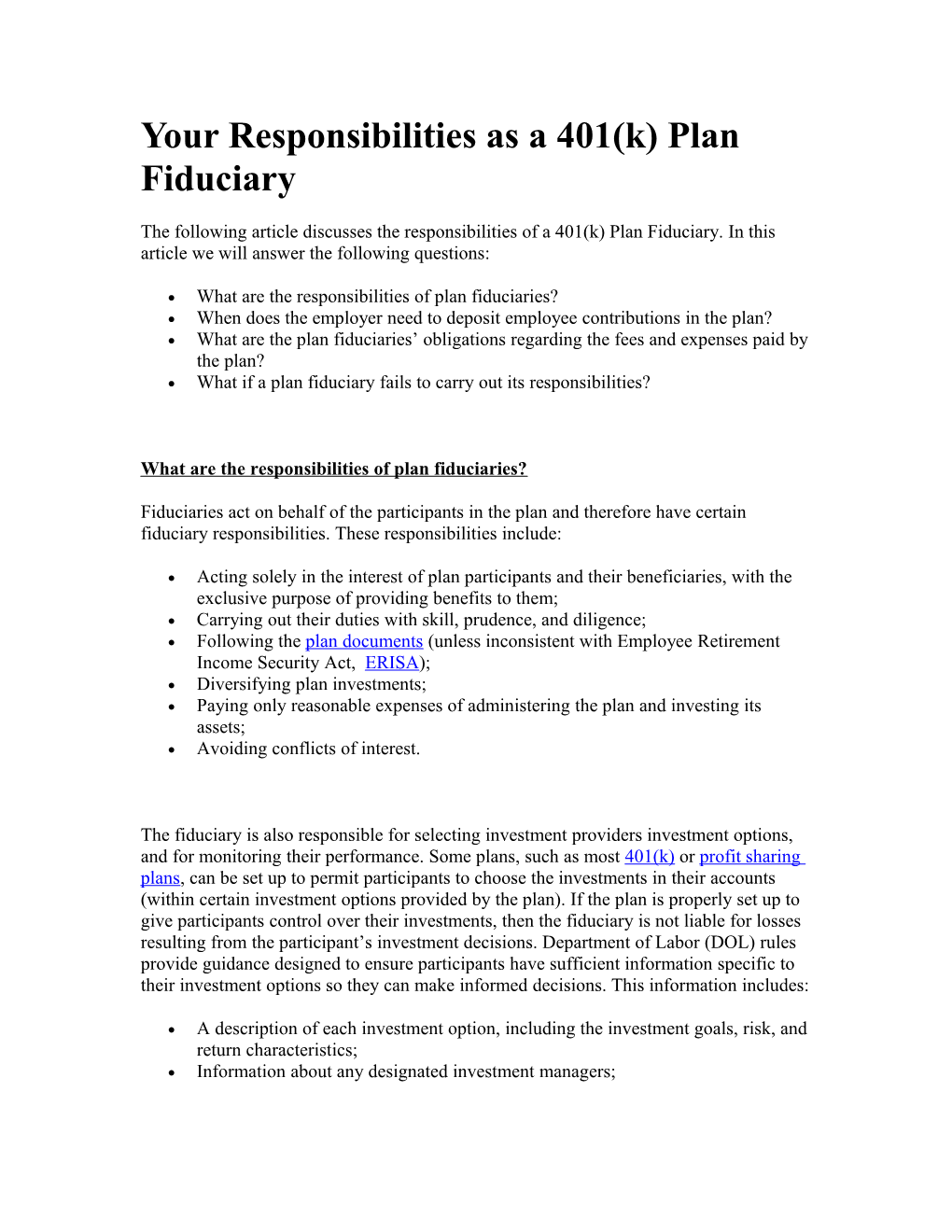 Your Responsibilities As a 401(K) Plan Fiduciary