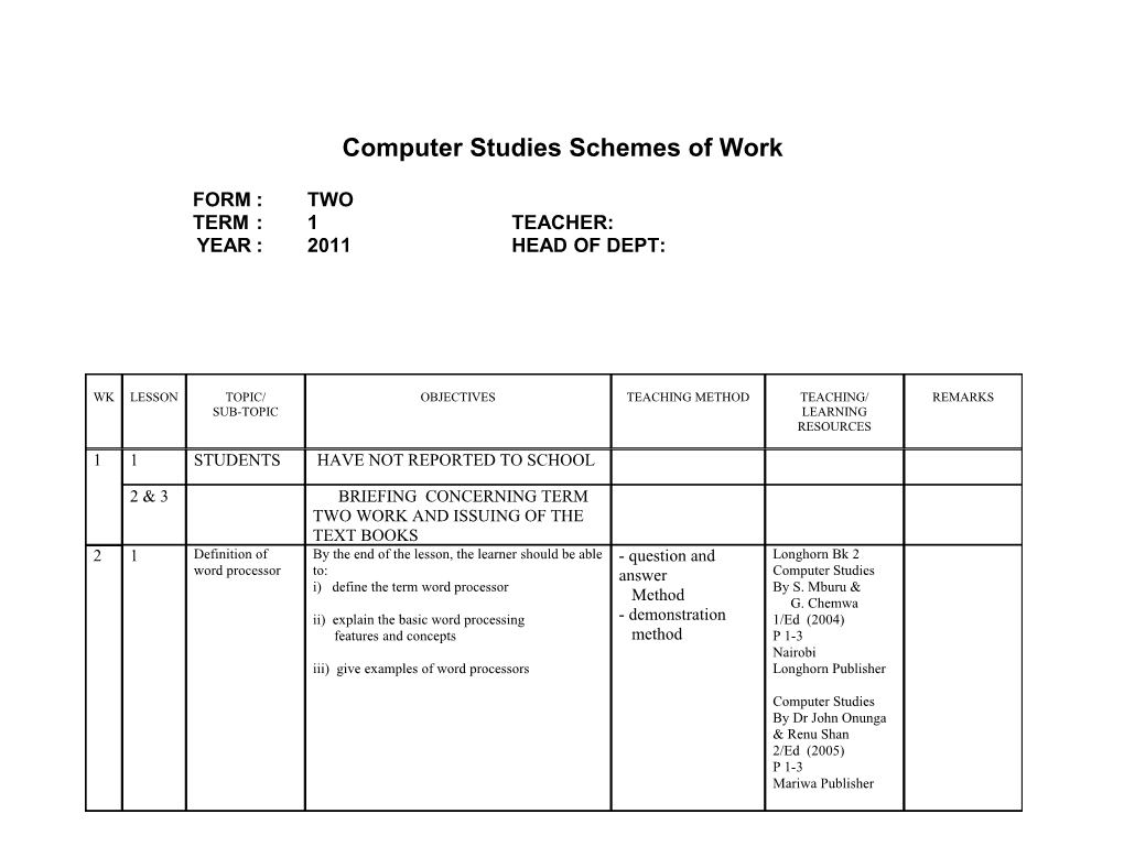 Computer Studies Schemes of Work