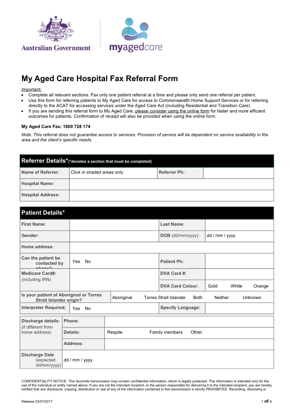 My Aged Care Hospital Fax Referral Form