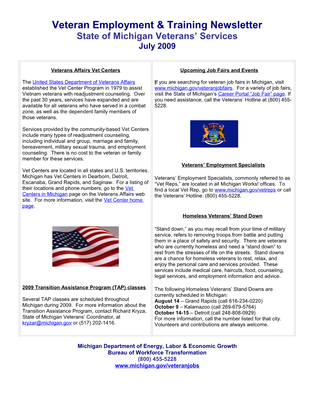 July 2009 Veteran Employment & Training News