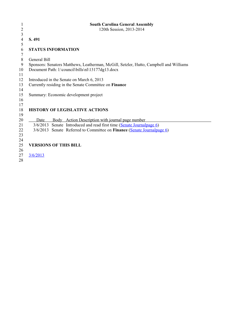 2013-2014 Bill 491: Economic Development Project - South Carolina Legislature Online