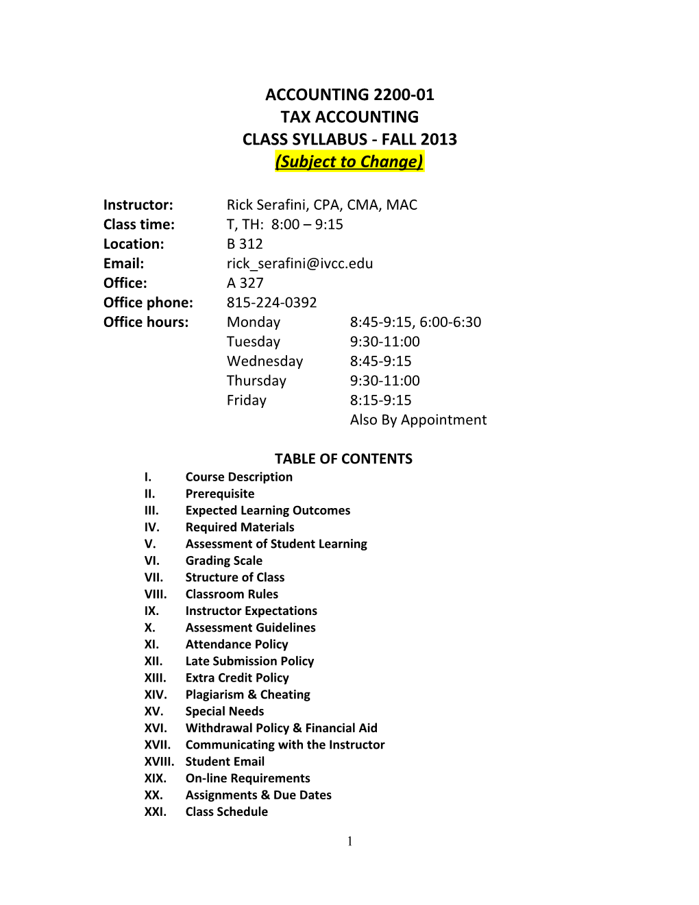 Class Syllabus - Fall 2013