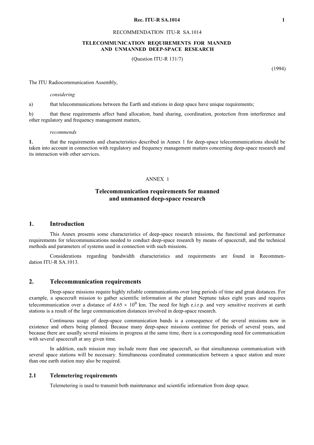 SA.1014 - Telecommunication Requirements for Manned and Unmanned Deep-Space Research
