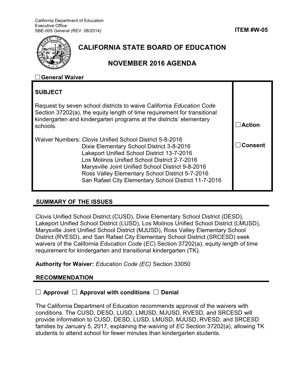 November 2016 Waiver Item W-05 - Meeting Agendas (CA State Board of Education)