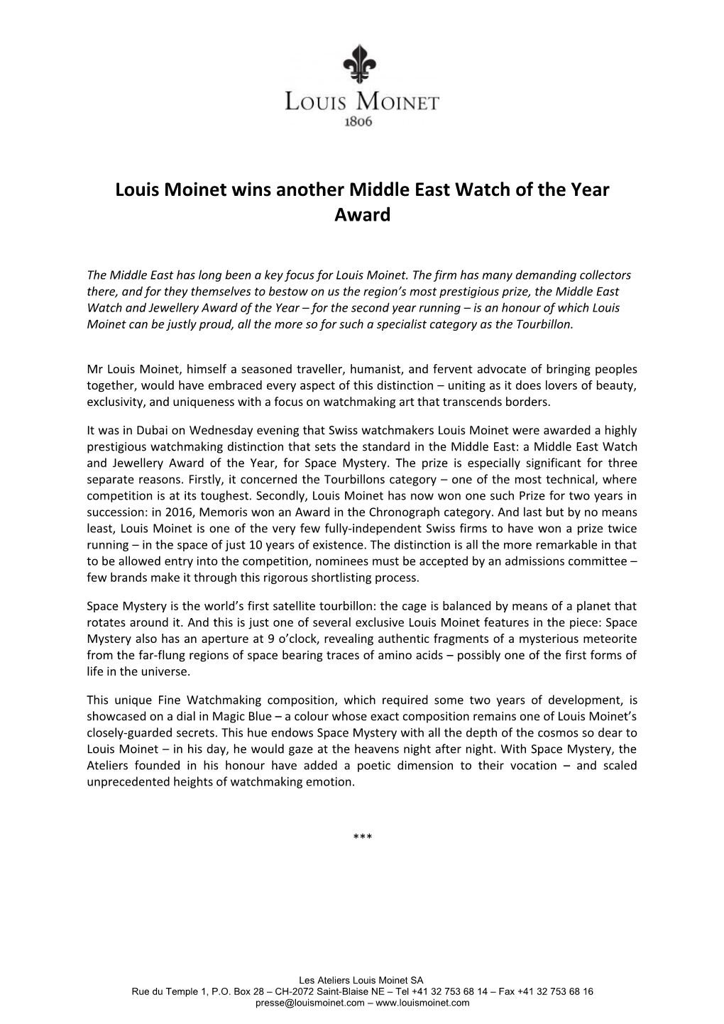 Louis Moinet Wins Another Middle East Watch of the Year Award