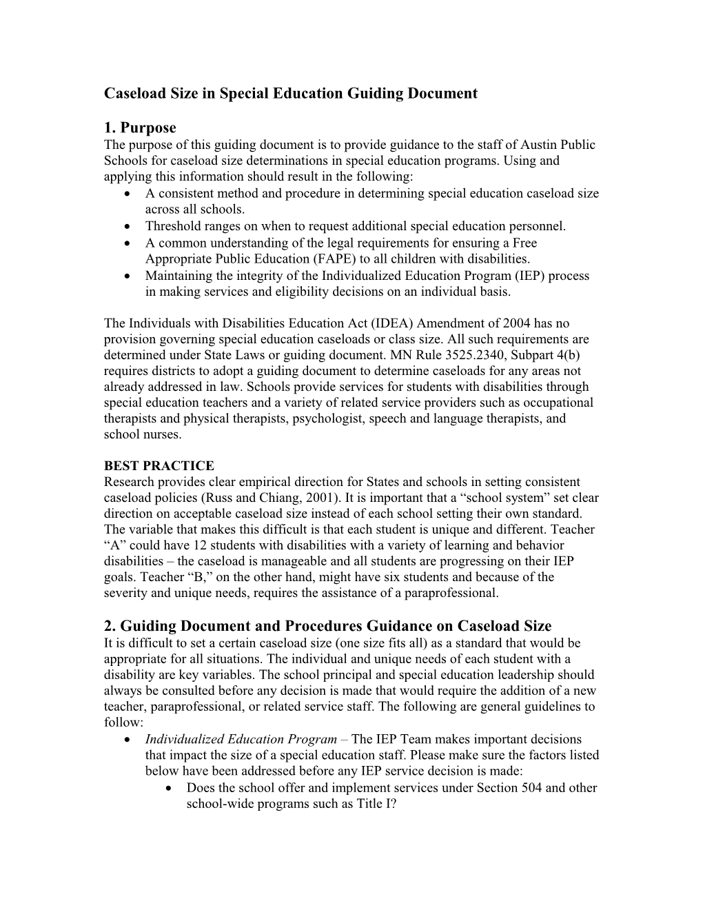 Caseload Size in Special Education Guiding Document
