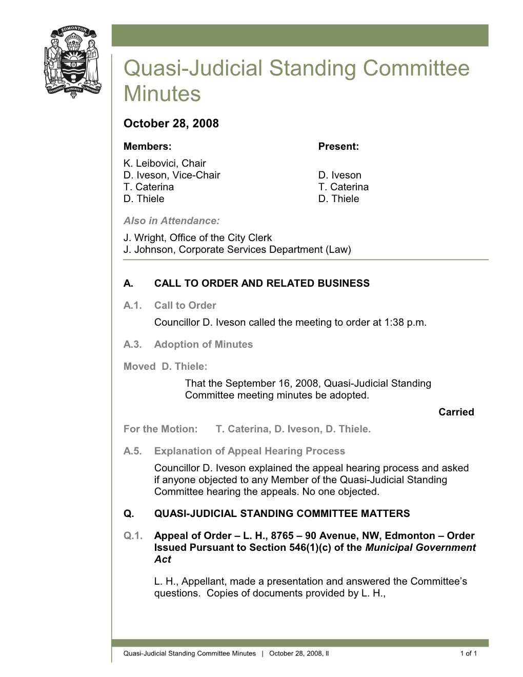 Minutes for Quasi-Judicial Standing Committee October 28, 2008 Meeting