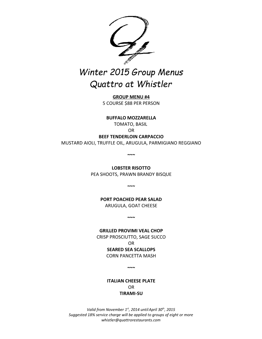 Winter 2015Group Menus