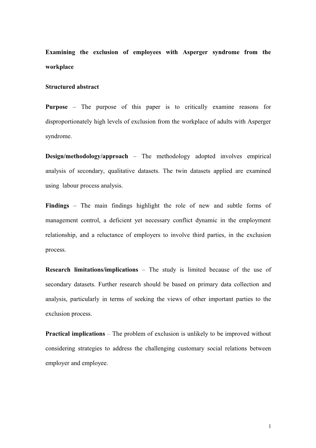 A Labour Process Analysis of the Exclusion of Adults with Asperger Syndrome from the Workplace