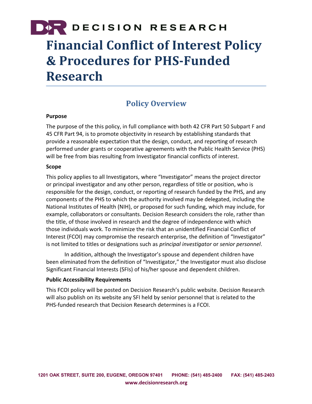 Financial Conflict of Interest Policy & Procedures for PHS-Funded Research
