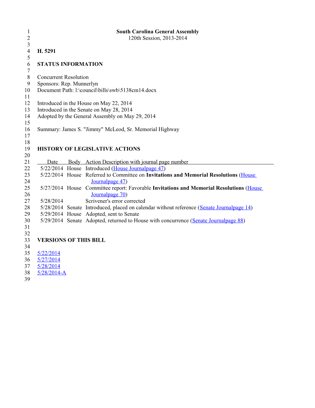 2013-2014 Bill 5291: James S. Jimmy Mcleod, Sr. Memorial Highway - South Carolina Legislature