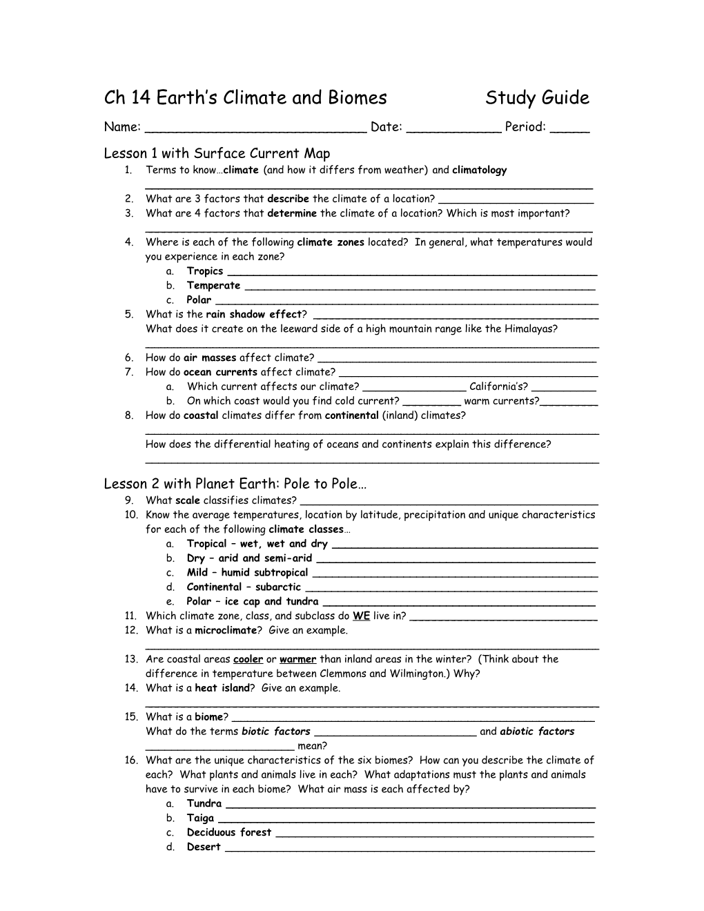 Ch 14 Earth S Climate and Biomes Study Guide