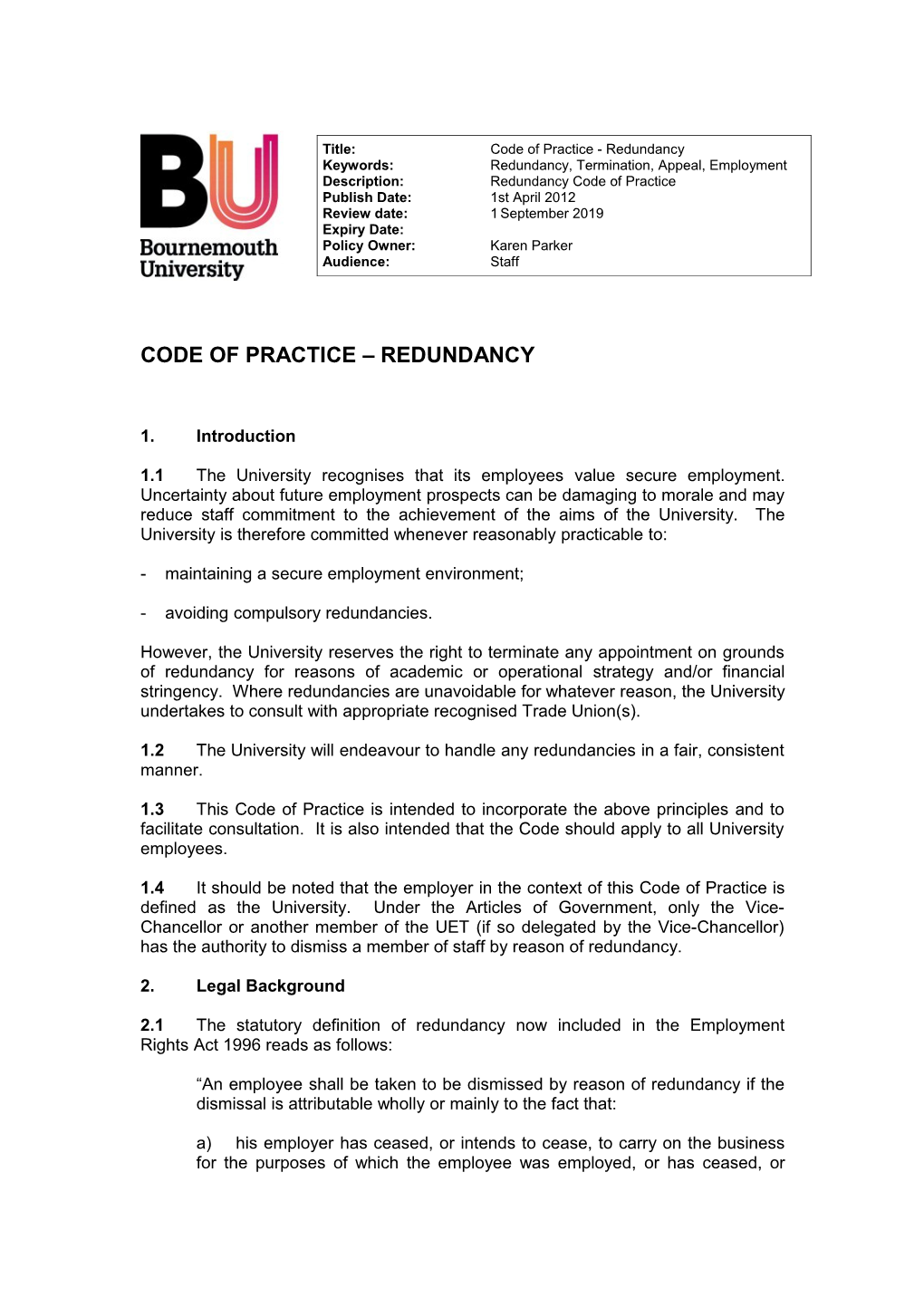 Code of Practice - Redundancy