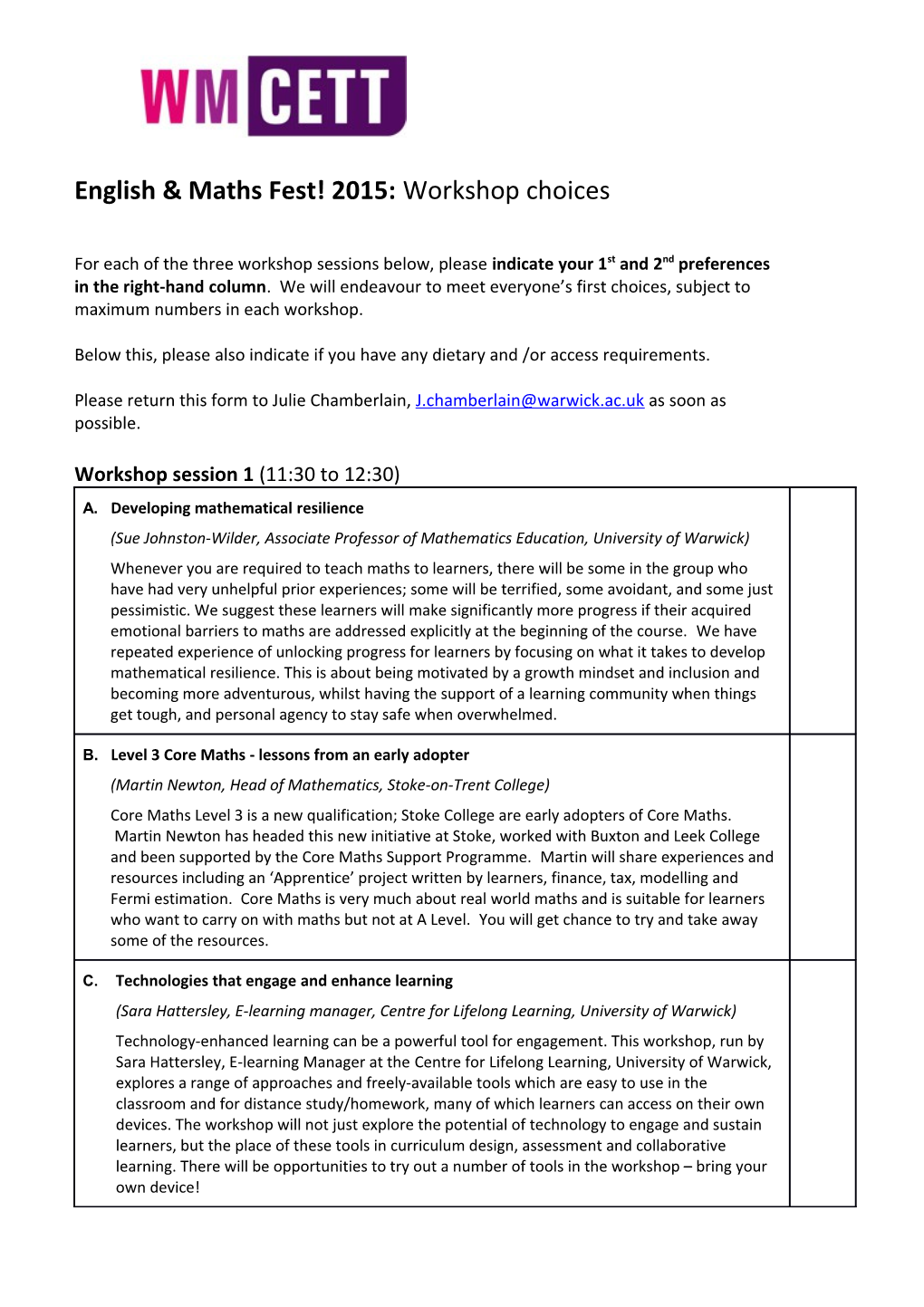 English & Maths Fest! 2015: Workshop Choices