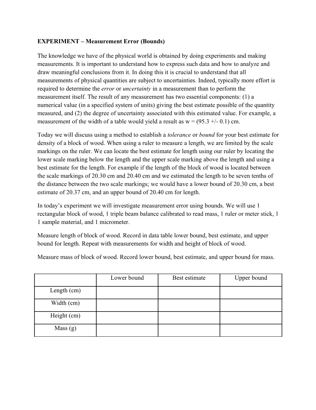 EXPERIMENT Measurement Error (Bounds)