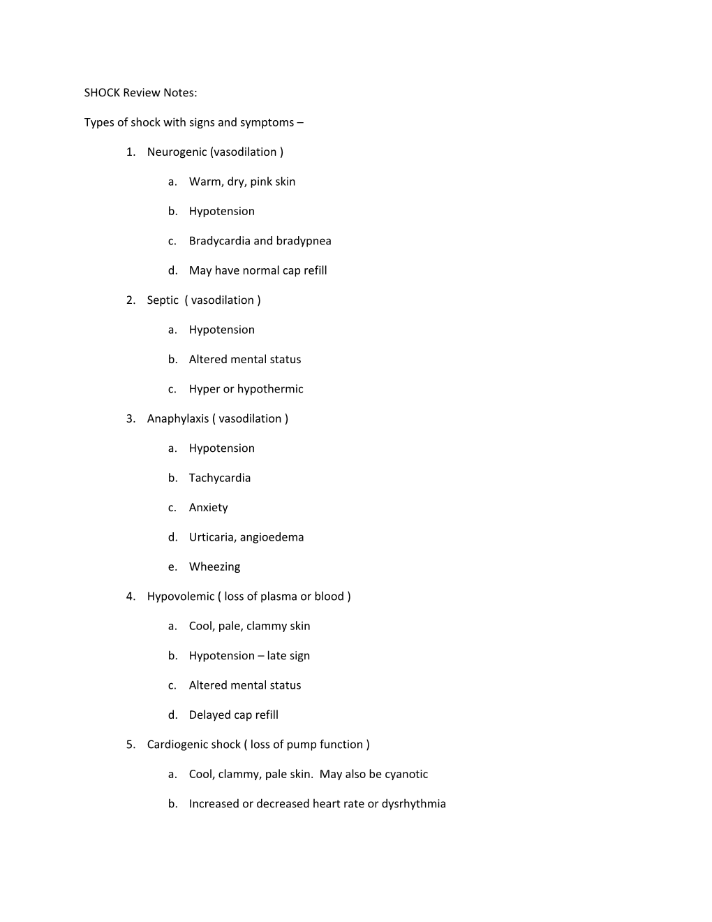 Types of Shock with Signs and Symptoms