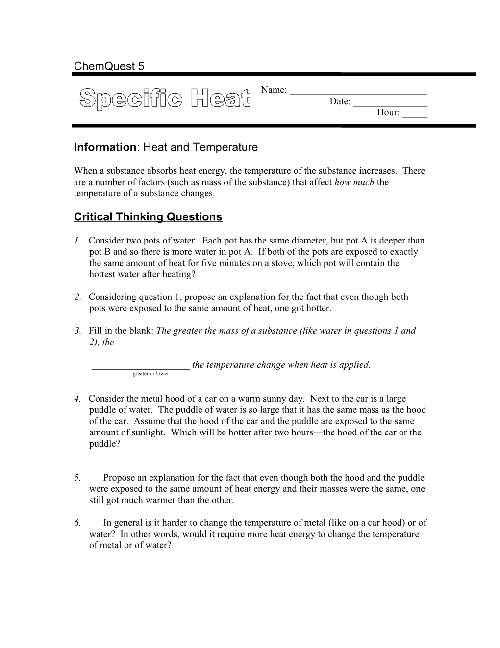 Information: Heat and Temperature