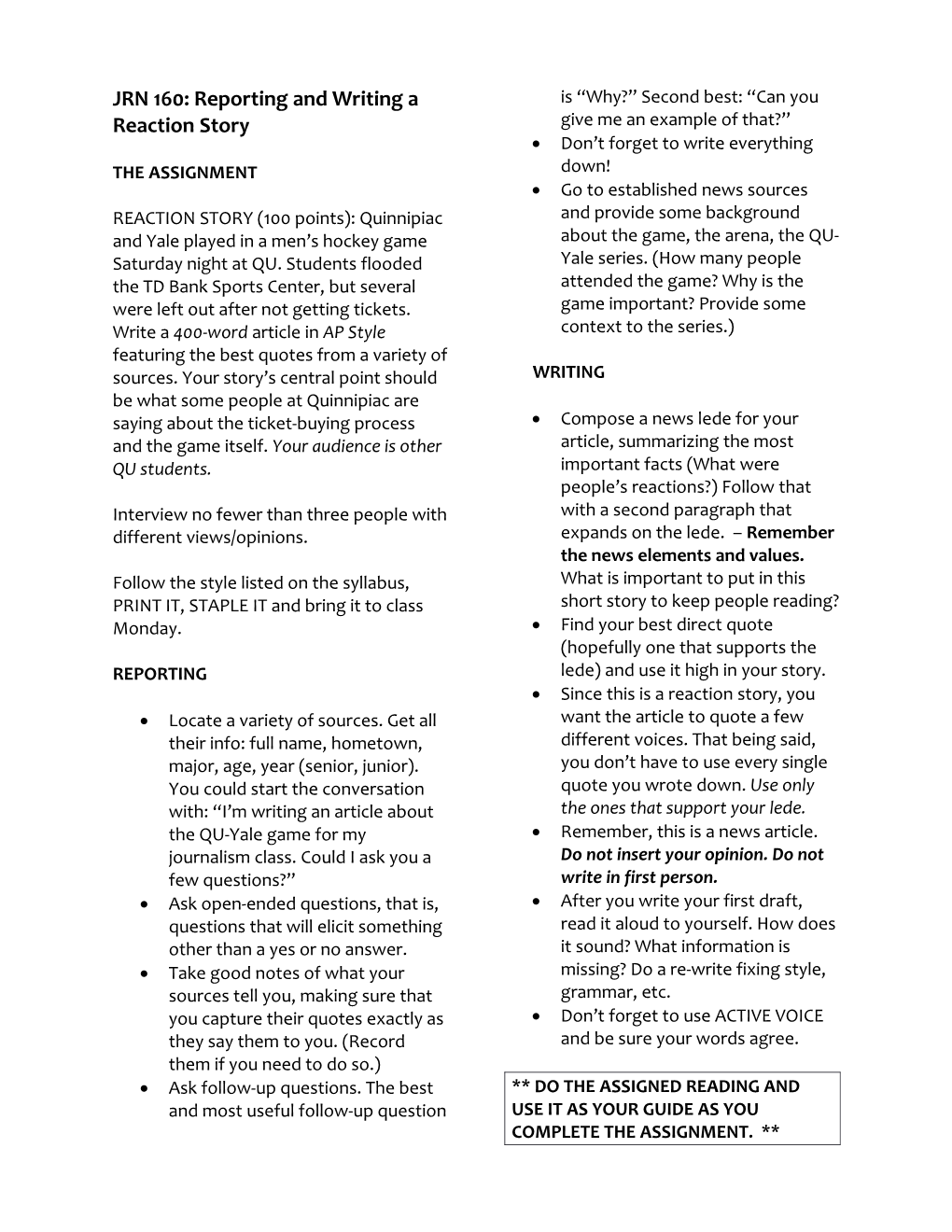 JRN 160: Reporting and Writing a Reaction Story